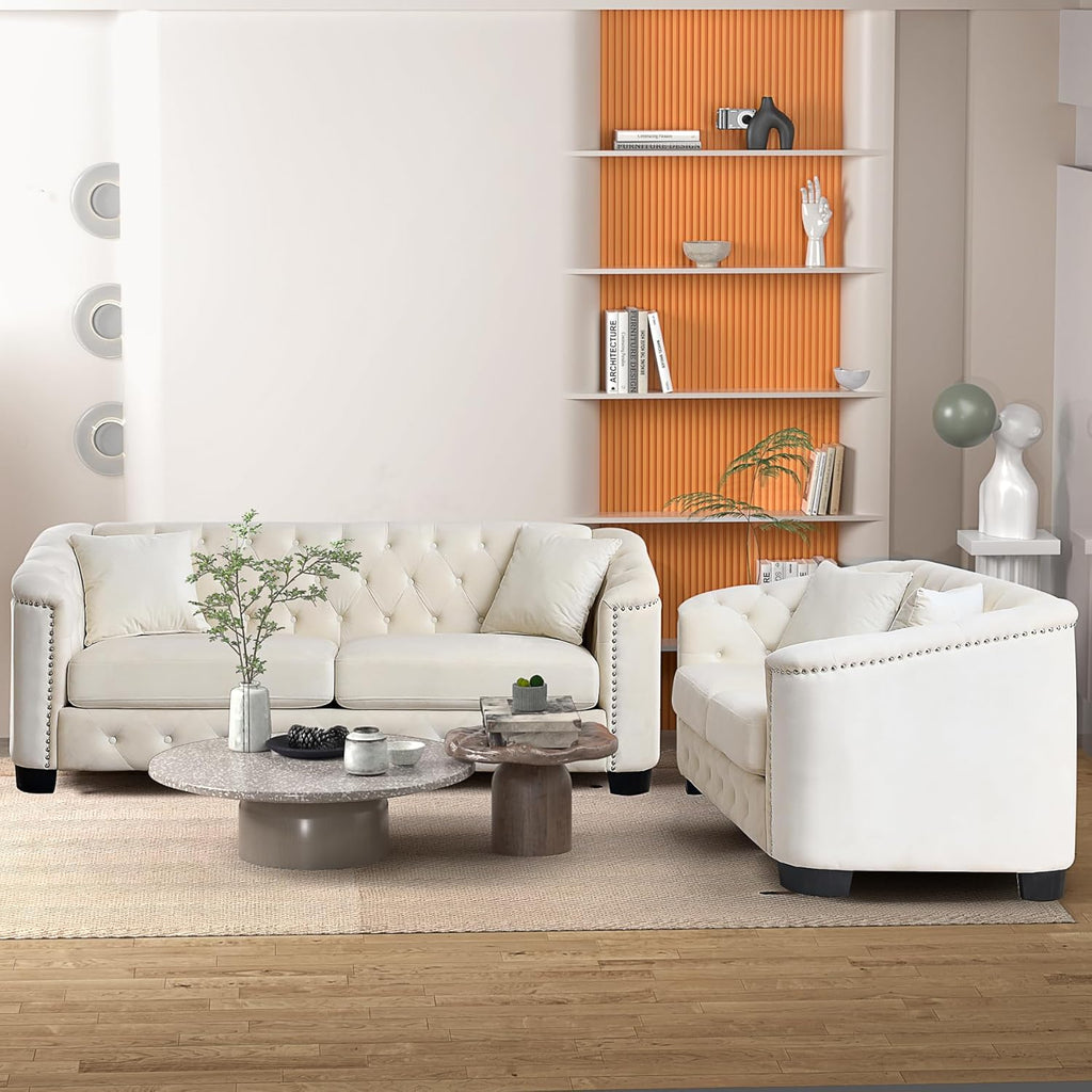 Beige Velvet 3-Seater Sofa with 2 Pillows L813517