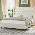 King Upholstered Bed Frame with Tall Headboard Wingback Platform Bed Tufted Deep Button Velvet Light Grey S75347