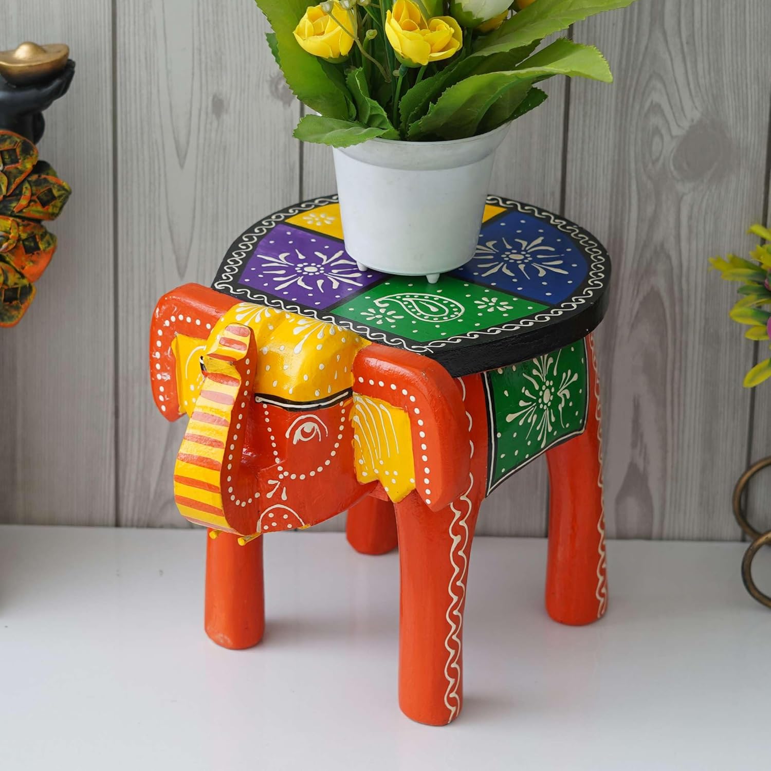 Handcrafted Emboss Painted Colorful Wooden Elephant Shape Stool Table Medium T603