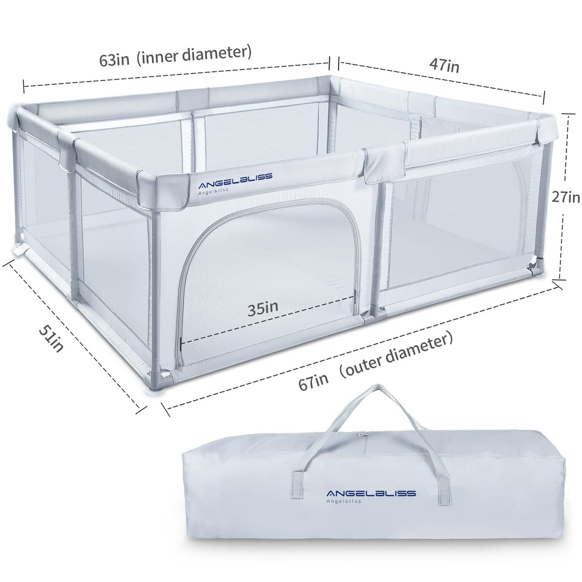 Grey 63”x47” Baby Playpen with Breathable Mesh O7313