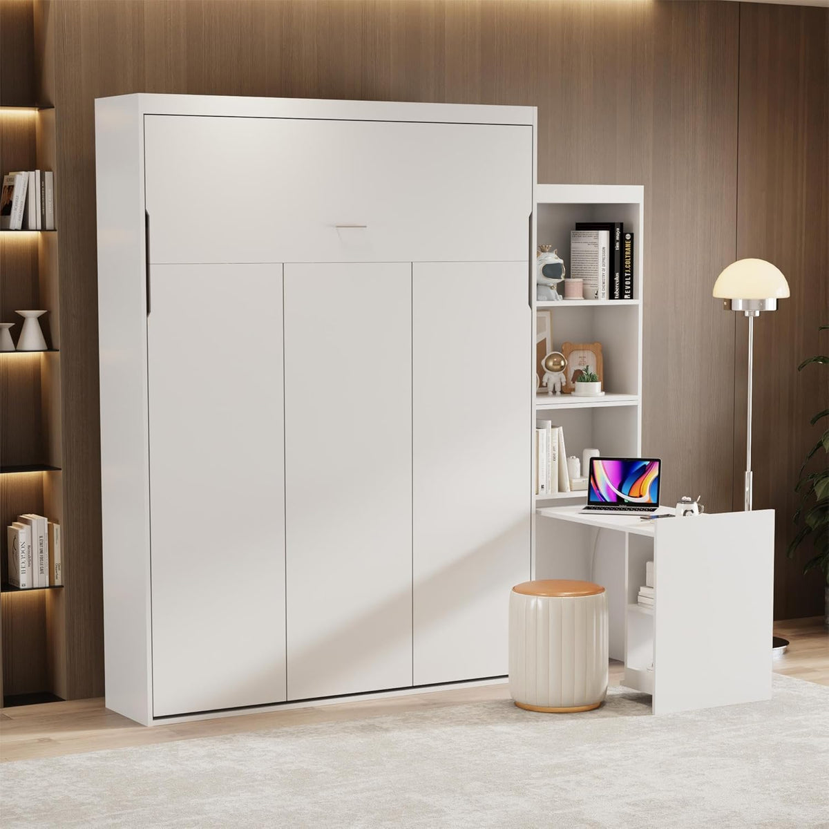 White Queen Size Vertical Murphy Bed with Desk and Drawers U2286