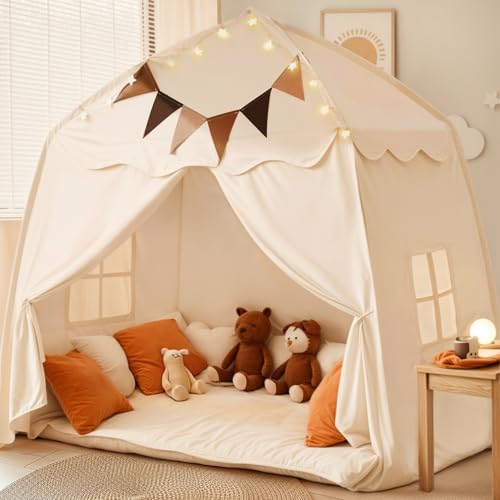 Cream Extra Large Kids Play Tent with Flags & Star Lights, 59x39x59 in Y369273