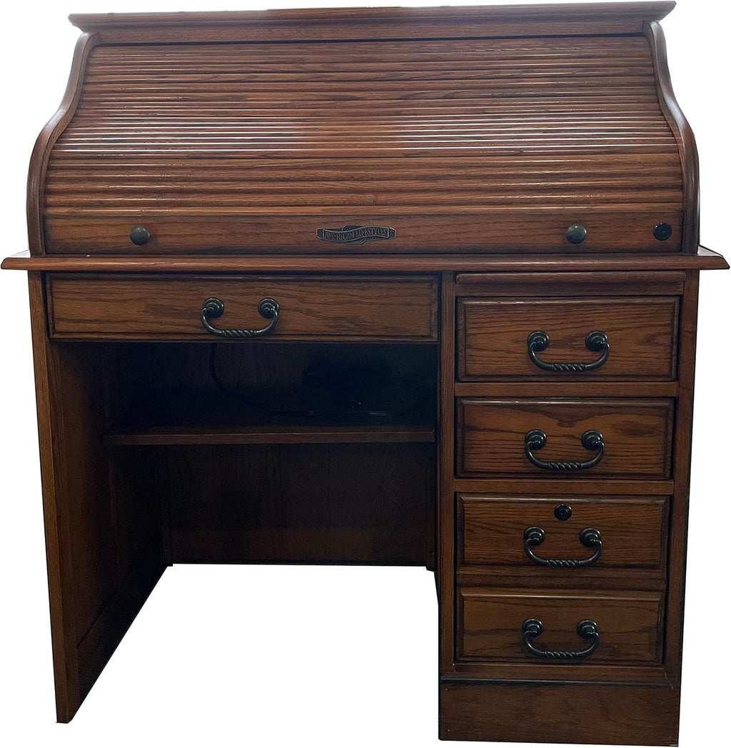 Solid Oak Wood Roll Top Desk with Locking File Drawers W3659