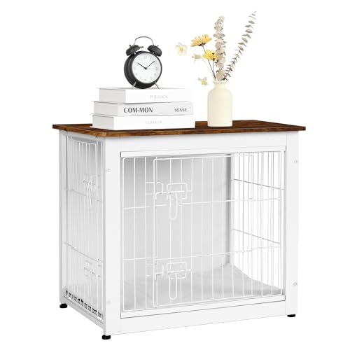Dog Crate Furniture with Cushion, Wooden Kennel Table with Double Doors, Dark Gray M463411