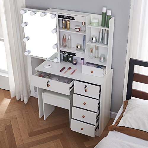 White Vanity Stool with Upholstered Cushion R7685