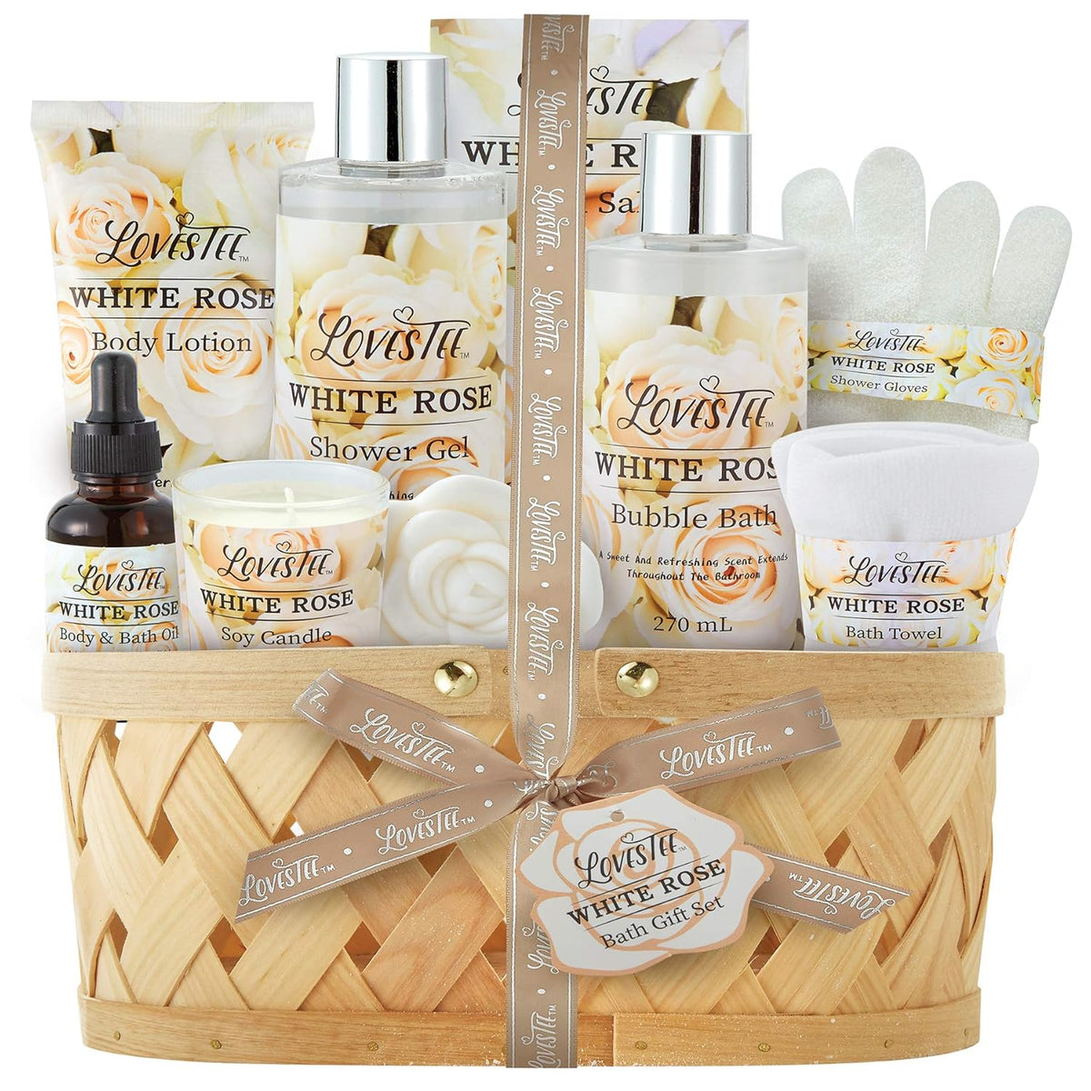 White Rose Set Body Lotion, Shower Gel, Bubble Bath, Bath Salt, Towel, Soap, Oil, Candle, Gloves R268648