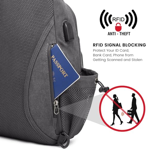 Canvas Sling Bag Crossbody Backpack with USB Charging Port (Dark Grey) I5112