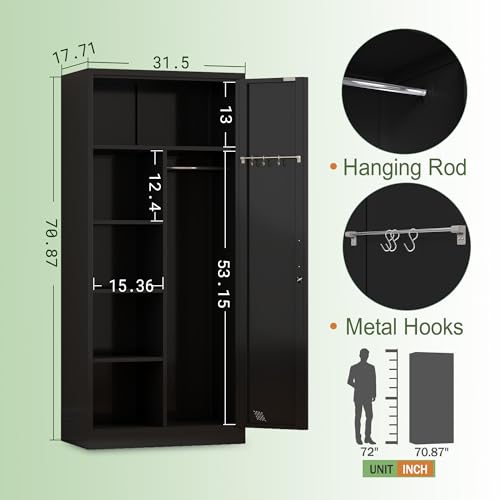 Black Metal Armoire Wardrobe with 2 Doors, 1 Adjustable Shelf, 2 Drawers, and Hanging Rod S392