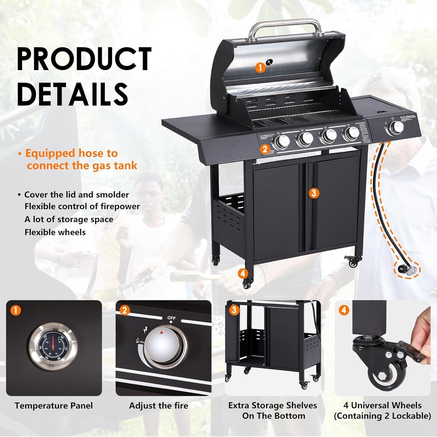 4-Burner Propane Gas BBQ Grill with Side Burner, Cast Iron 50,000 BTU Stainless Steel Grates G2278