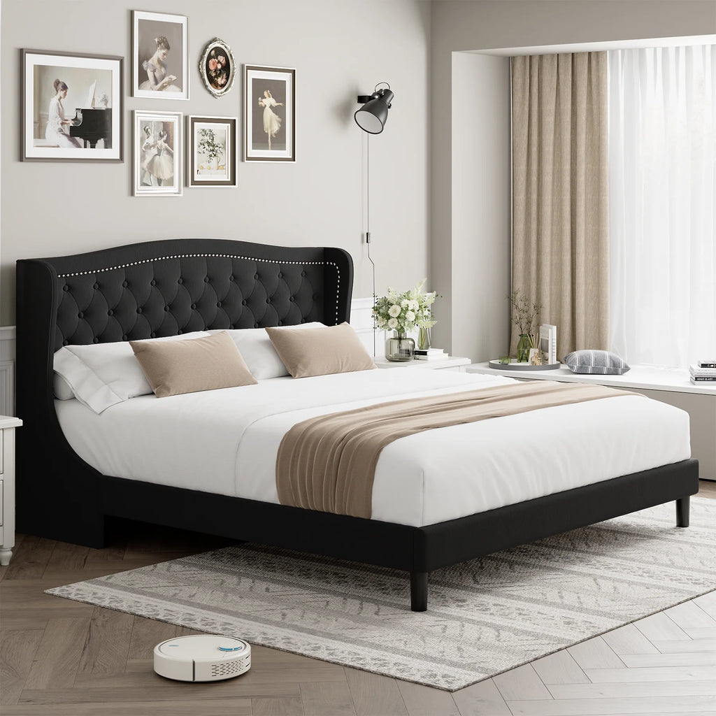 Black Full Bed Frame with Wing-Back Button Tufted Upholstered Headboard and Wood Slat Support P24908