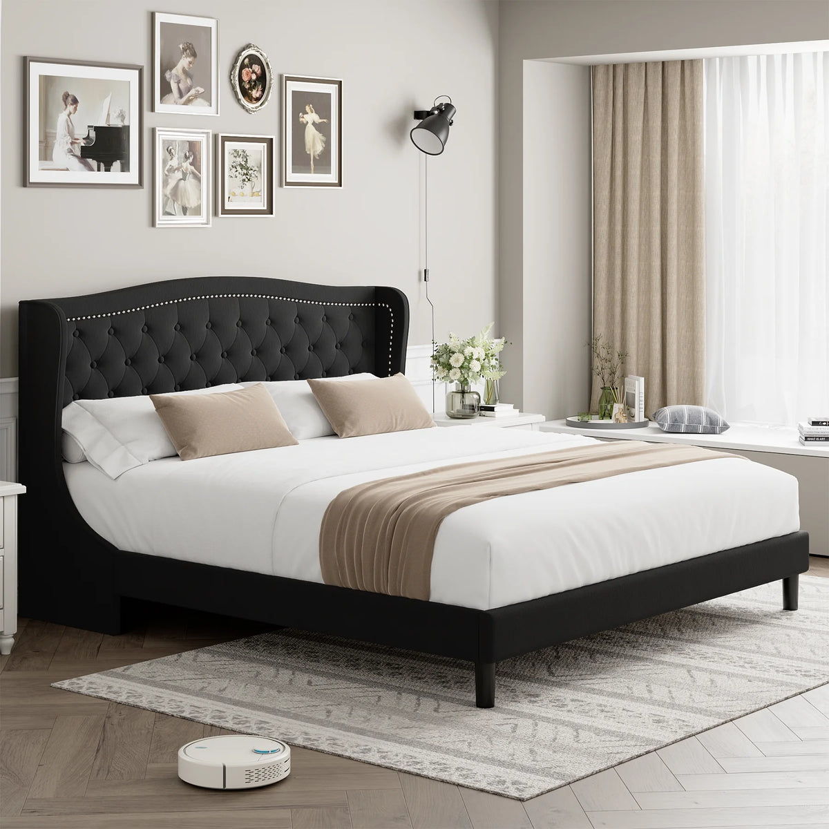 Black Full Bed Frame with Wing-Back Button Tufted Upholstered Headboard and Wood Slat Support P24908