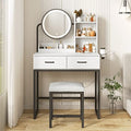 White Vanity Desk with Round Mirror and Lights and Hair Dryer Rack (Brown and Black, 15.75 * 31.5 * 53.6in) S917713