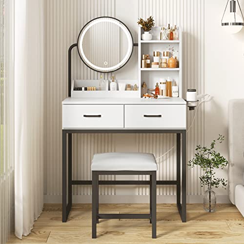 White Vanity Desk with Round Mirror and Lights and Hair Dryer Rack (Brown and Black, 15.75 * 31.5 * 53.6in) S917713