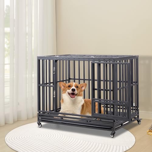 42" Large Metal Wire Dog Crate with Lockable Wheels, Double Door B31096