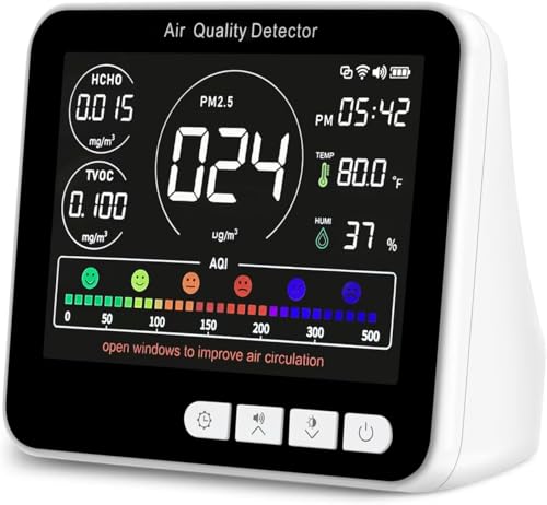 14 in 1 Air Quality Monitor Indoor with Beep Alarm, PM1.0|PM2.5|PM10|HCHO|TVOC|AQI|Temperature|Humidity|Time, Battery Powered Air Monitor M72120