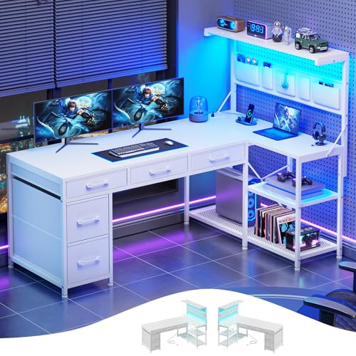 Black L Shaped Gaming Desk with 5 Drawers, Storage Shelves, LED Lights, Power Outlets and Storage Bag R314