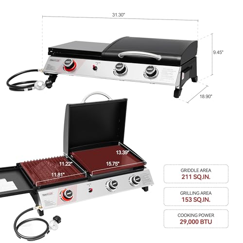 3 Burner Propane Gas Grill and Griddle Combo with Lid, Silver & Black U3730