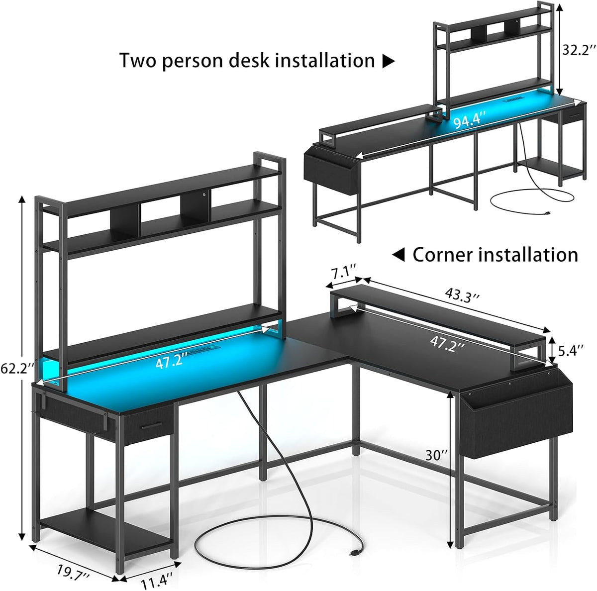 L Shaped Gaming Computer Desk with Monitor Shelf, Power Outlets & LED Lights P6877