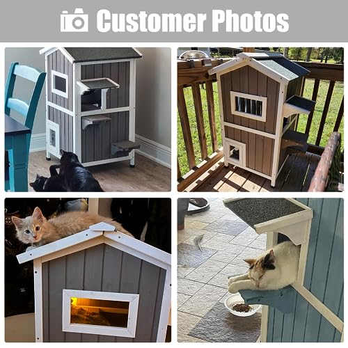 Outdoor Cat Shelter Weatherproof Two Story Wooden Cat House with Openable Roof Escape Door N765