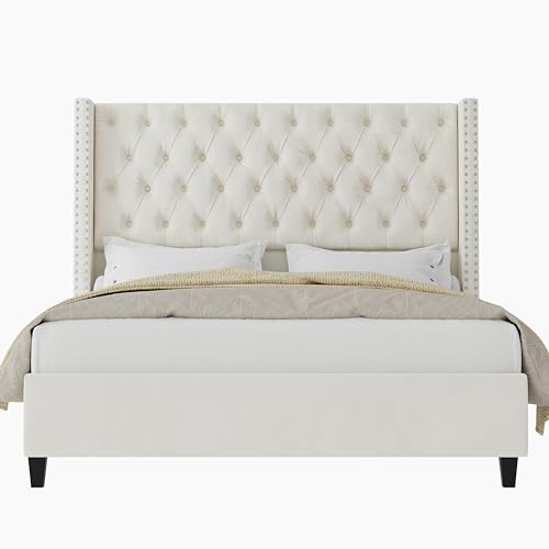 King Upholstered Bed Frame with Tall Headboard Wingback Platform Bed Tufted Deep Button Velvet Light Grey S75347