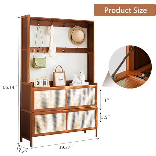 Bamboo Hall Tree with Shoe Storage, 14 Shoe Cubbies, 8 Coat Hooks, Rustic Brown T60268