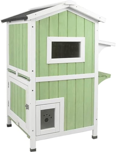 Outdoor Cat Shelter Weatherproof Two Story Wooden Cat House with Openable Roof Escape Door N765