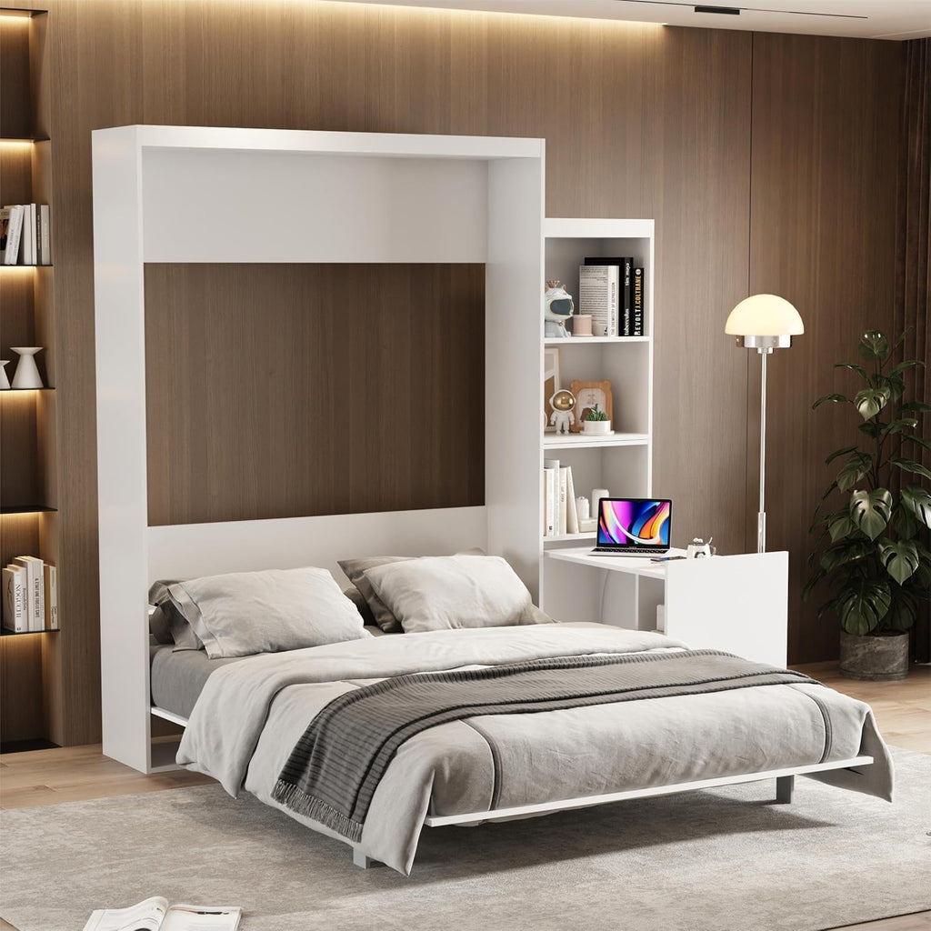 White Queen Size Vertical Murphy Bed with Desk and Drawers U2286