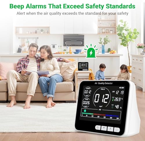 14 in 1 Air Quality Monitor Indoor with Beep Alarm, PM1.0|PM2.5|PM10|HCHO|TVOC|AQI|Temperature|Humidity|Time, Battery Powered Air Monitor M72120
