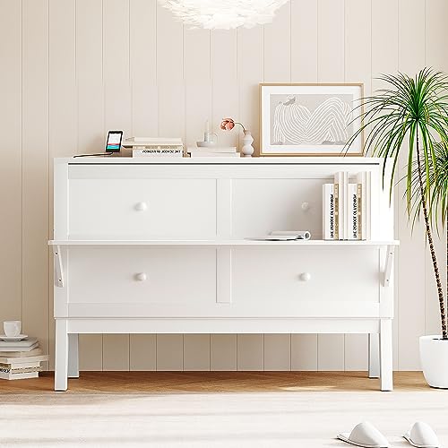 Grey Wood Queen Murphy Bed with Desk and Shelves H214