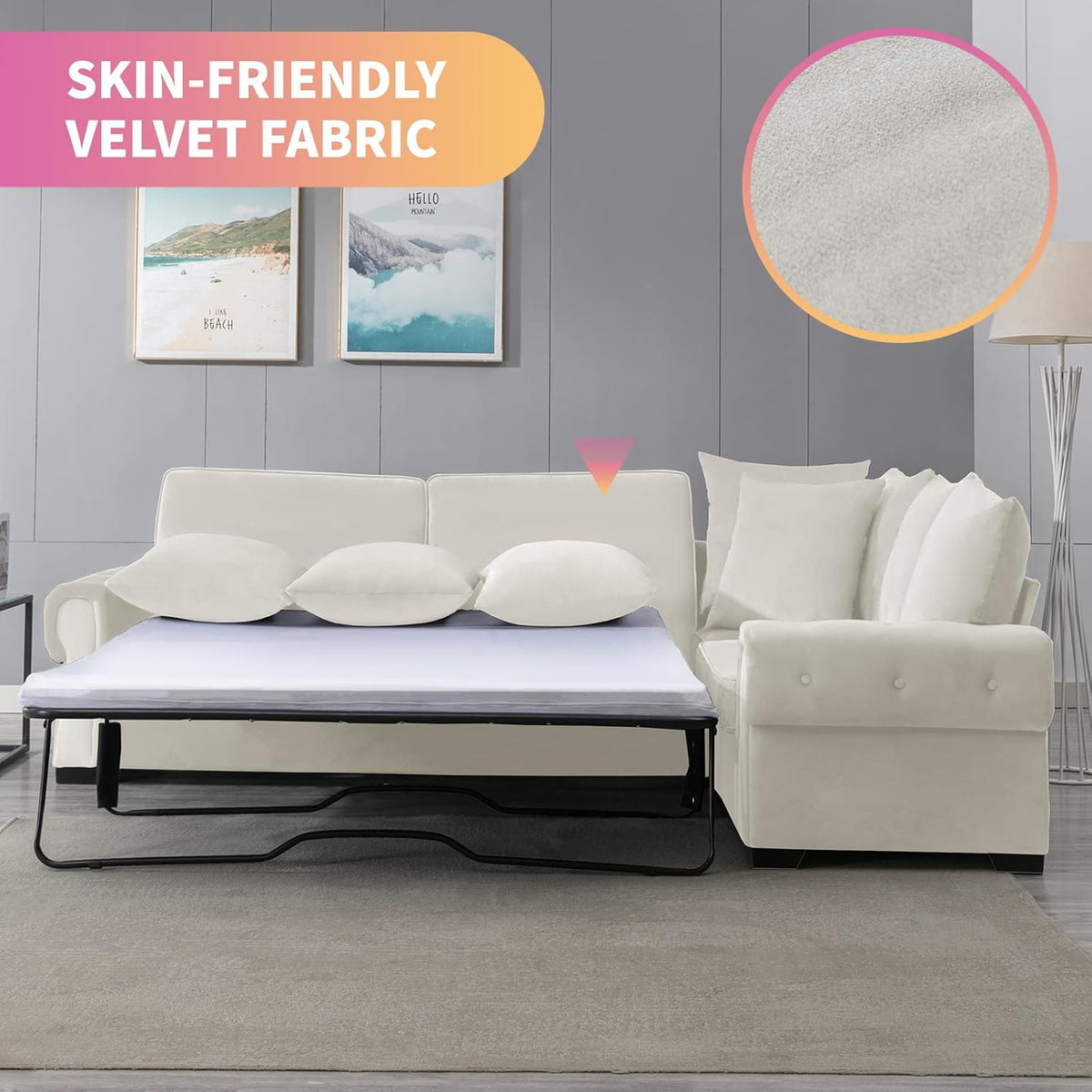 Beige Pull Out Sofa Bed with Folding Foam Mattress E4981