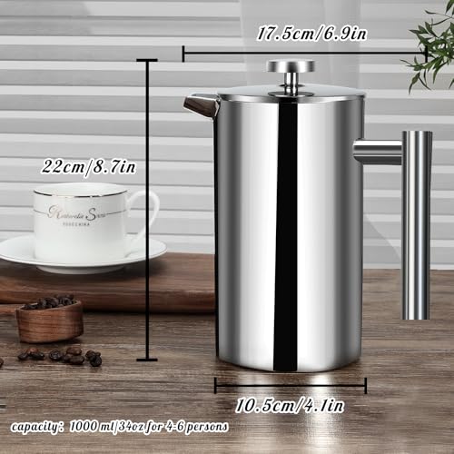 34 Ounce Stainless Steel French Press Coffee Maker with 3 Filter B920044