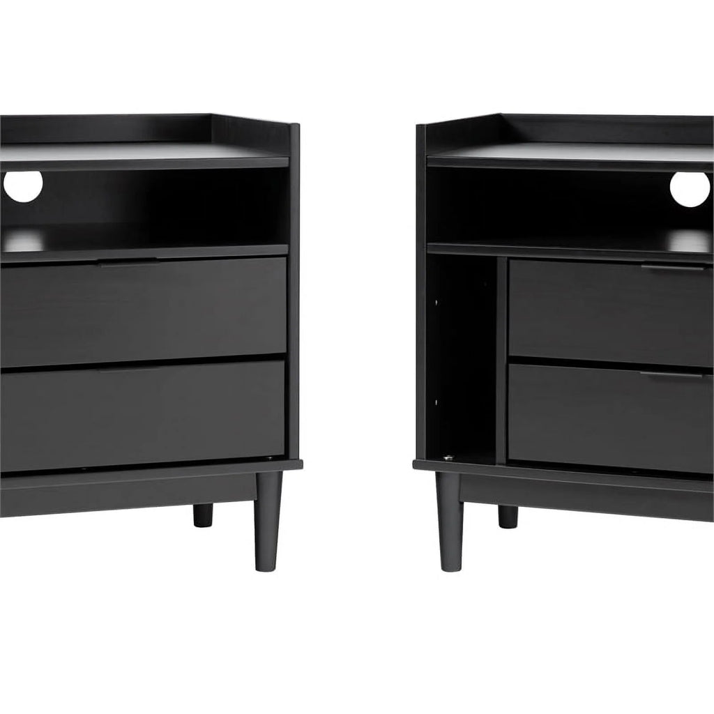 Black Solid Wood 2-Drawer Night Stand T5953