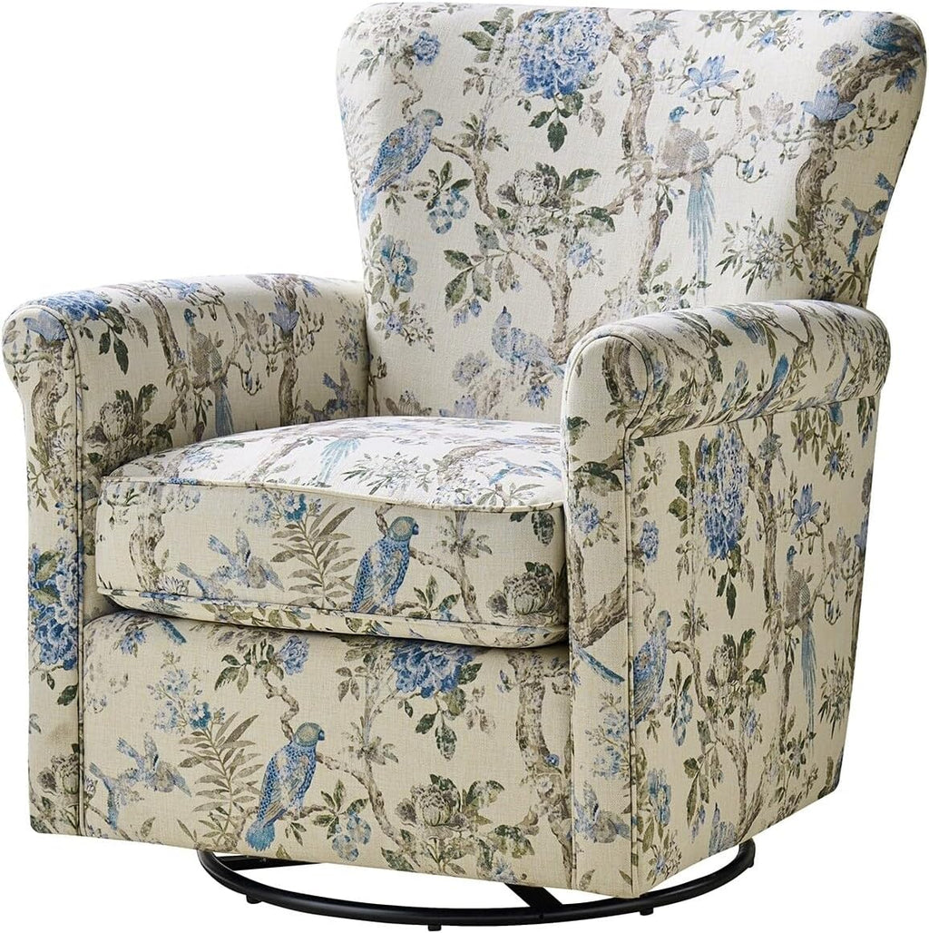 Floral Fabric Swivel Rocker Chair with Rolled Armrest V84301