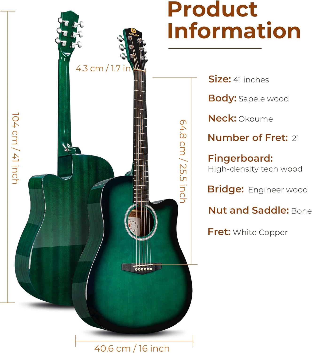 Blue 41 Inch Cutaway Acoustic Guitar Bundle with Gig Bag U274166