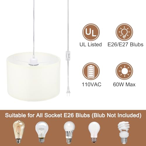 15Ft Rope Cord Hanging Lamp Fixture with On/Off Switch, White C340