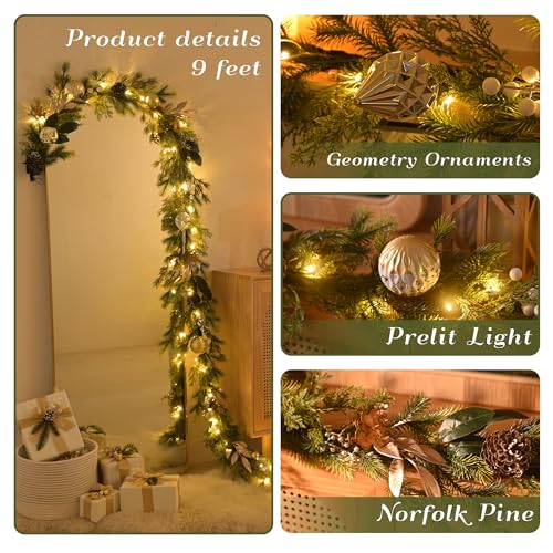 6Ft Prelit Christmas Garland with Pine Cone, Bow Ornaments (Green Gold) M968