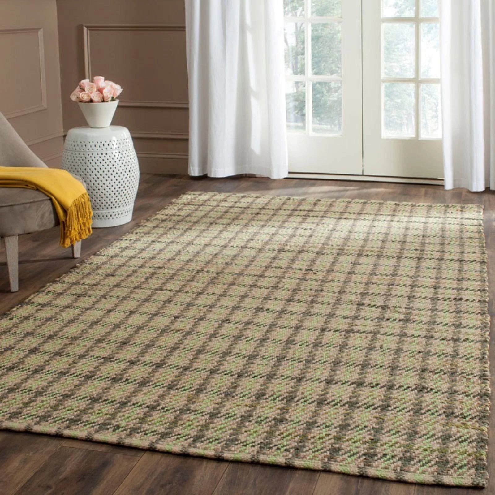 Green/Natural Checkered Geometric Area Rug P991746