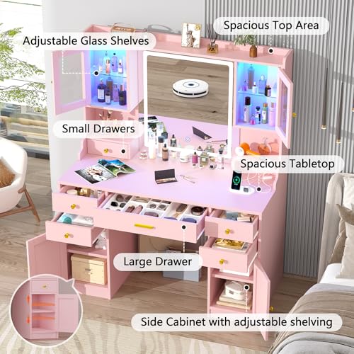 White Makeup Vanity Desk with Mirror and Lights, Large Vanity Table Set with Charging Station, Dressing Table with RGB Cabinets, 3 LED Lights Modes A544