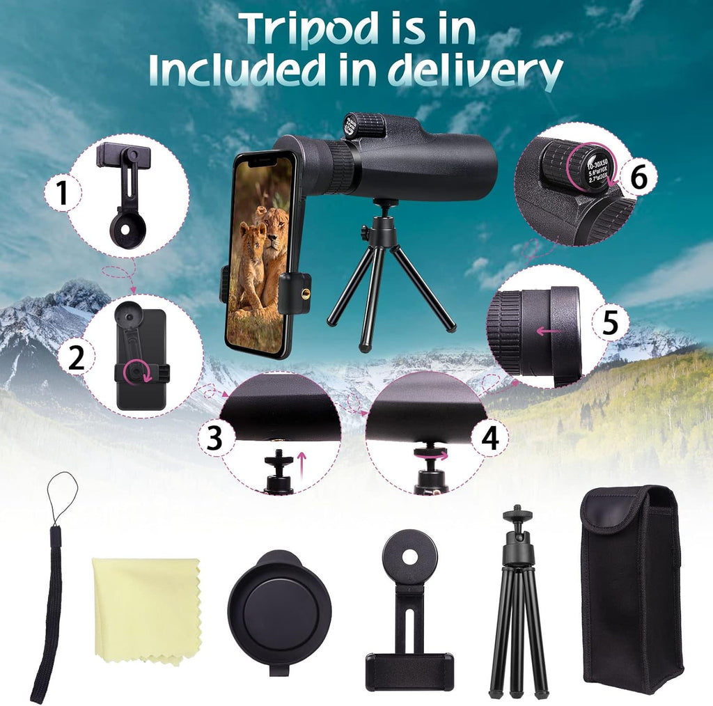 30x50 HD Waterproof Monocular with Smartphone Adapter Tripod BAK4 Prism FMC I79222