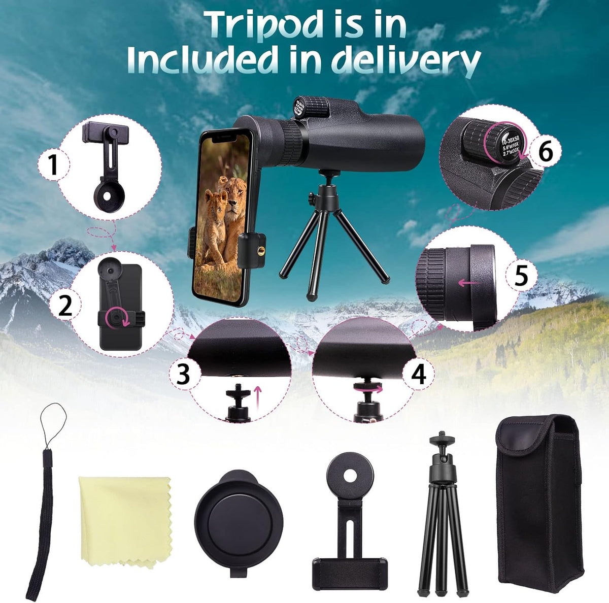 30x50 HD Waterproof Monocular with Smartphone Adapter Tripod BAK4 Prism FMC I79222