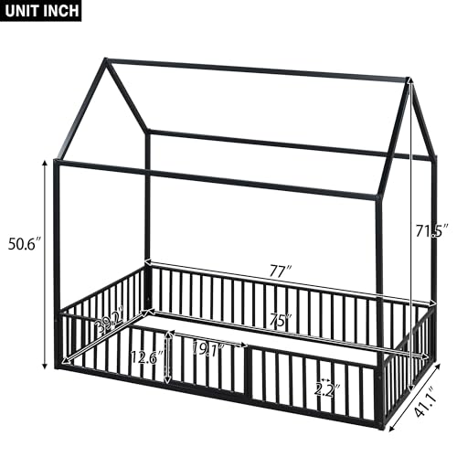 Full Floor Bed with Door and Fence, Metal Montessori Bed Full Size, White D233