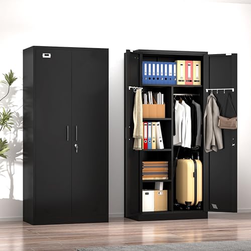 Black Metal Armoire Wardrobe with 2 Doors, 1 Adjustable Shelf, 2 Drawers, and Hanging Rod S392