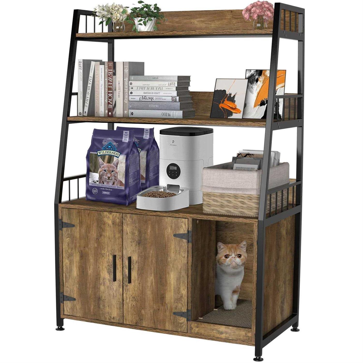 Large Hidden Cat Litter Box Enclosure Furniture with Shelf Wood T893