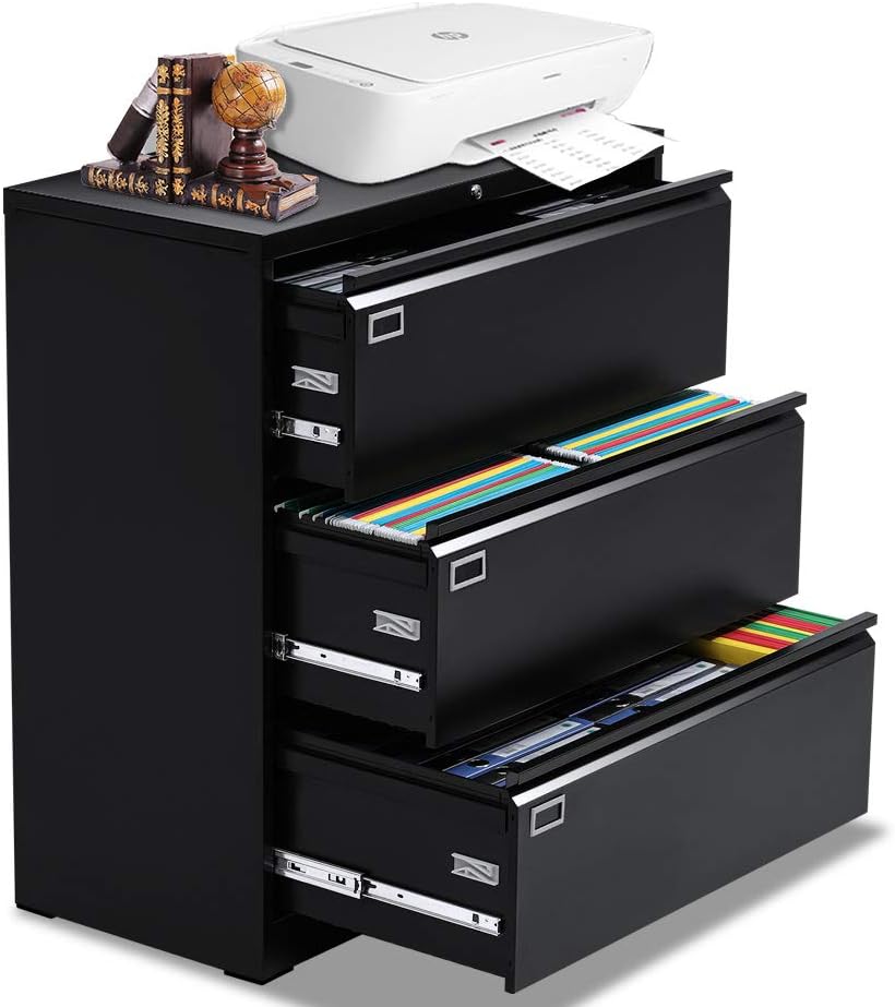 Black 3 Drawer Locking Metal Lateral File Cabinet H15049