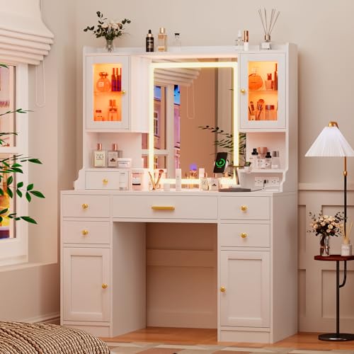 White Makeup Vanity Desk with Mirror and Lights, Large Vanity Table Set with Charging Station, Dressing Table with RGB Cabinets, 3 LED Lights Modes A544