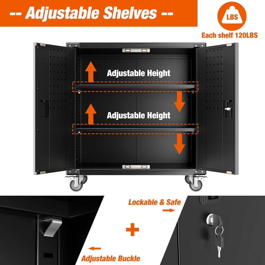 Black Metal Steel Storage Cabinet with Wheels and Pegboard F631884