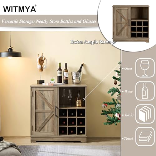 Gray Wash Wooden Coffee Bar Cabinet with Wine Rack Barn Door and Drawer B576