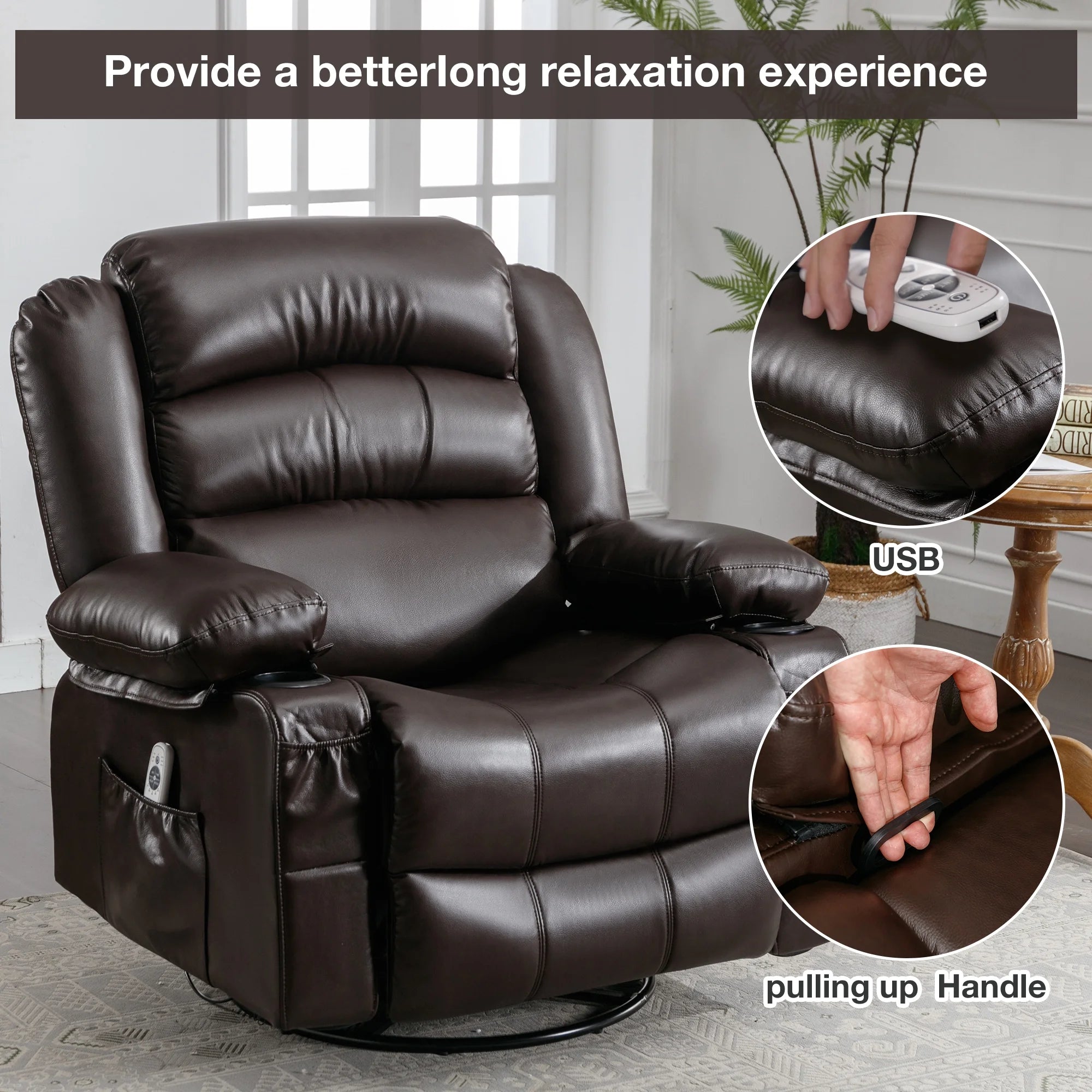 Brown Ergonomic Swivel Rocker Recliner Chair with Vibration Massage and Heat N99032