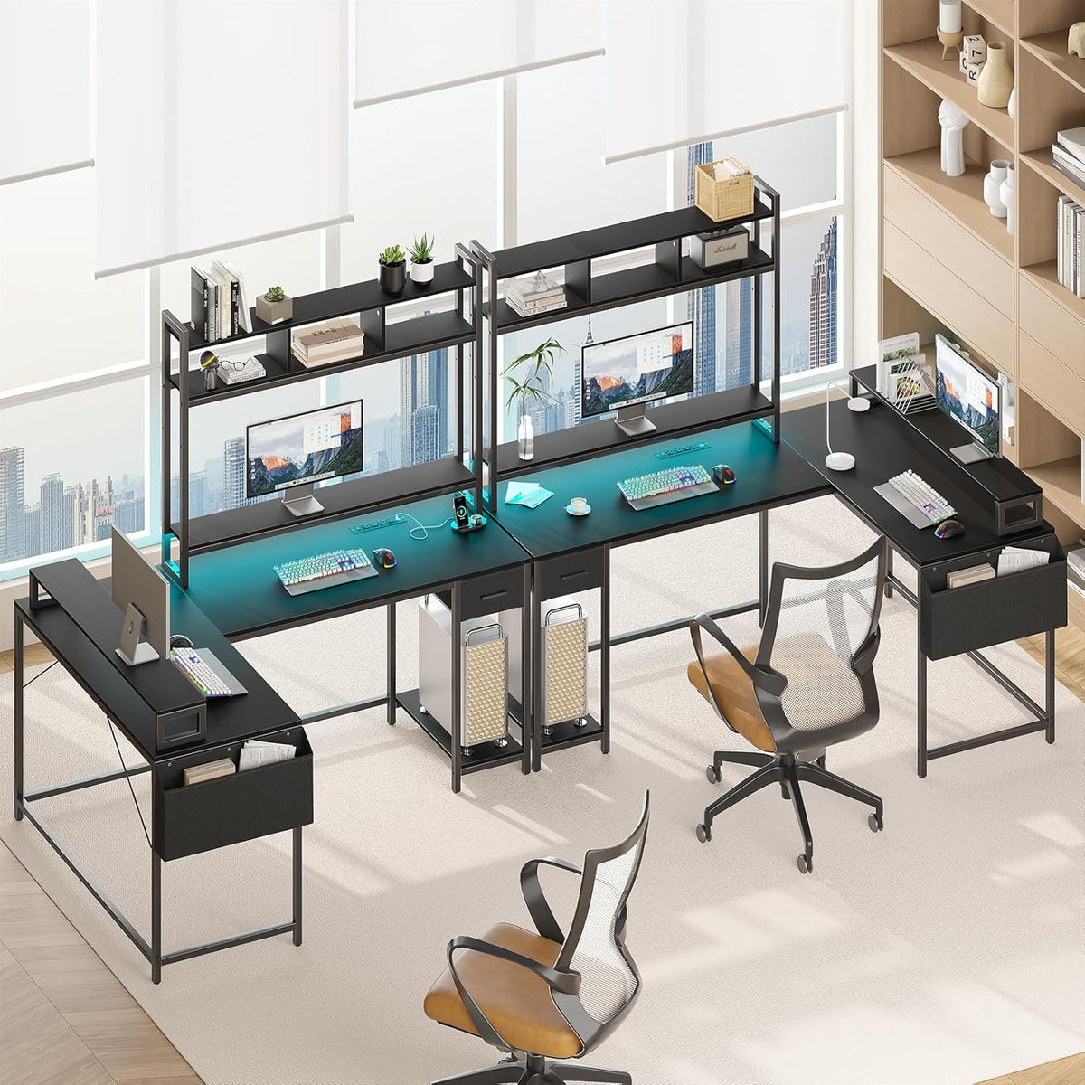 L Shaped Gaming Computer Desk with Monitor Shelf, Power Outlets & LED Lights P6877