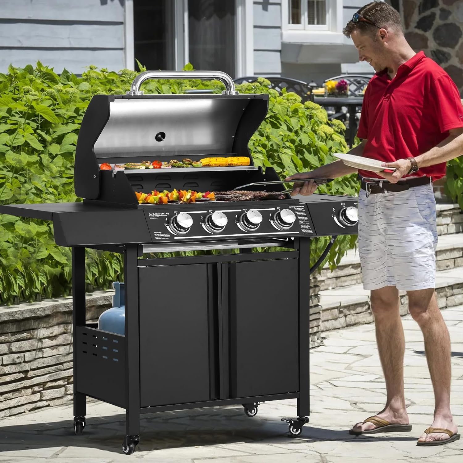 4-Burner Propane Gas BBQ Grill with Side Burner, Cast Iron 50,000 BTU Stainless Steel Grates G2278